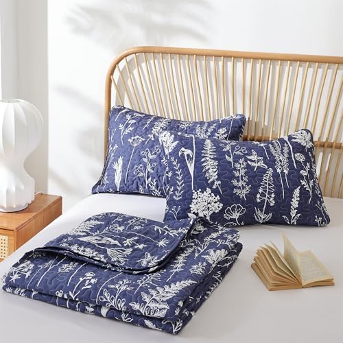 JANZAA Queen Size Navy Blue Floral Quilt Set