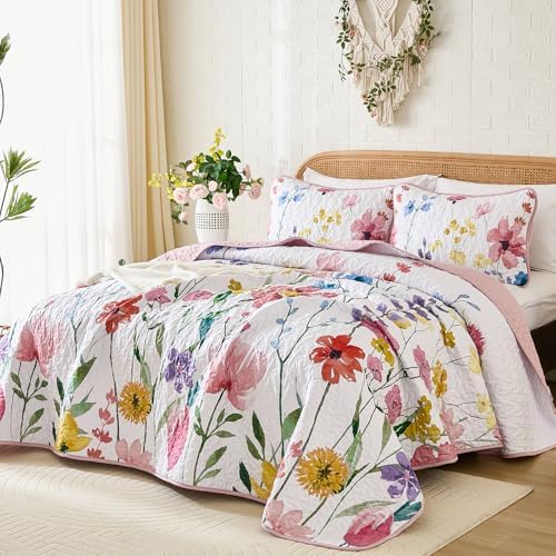 Anibedding Queen Quilt Set with Reversible Pink Floral Design