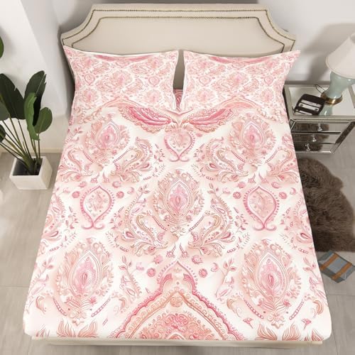 Castle Fairy 3D Pink Beige Fitted Sheet Twin Set 2 Pcs