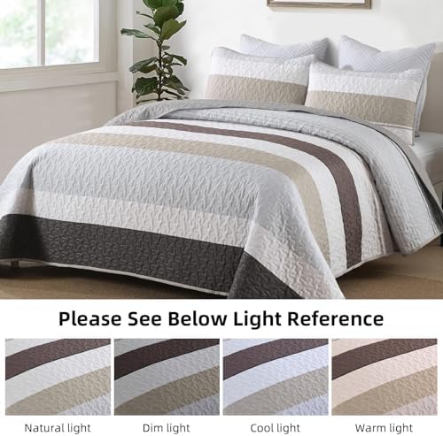 Dinjoy Grey Boho Quilt Set Queen Size Striped Patchwork 1