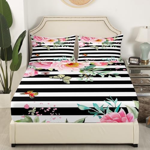 Erosebridal Pink Floral Sheet Set with 2 Pillowcases King Size