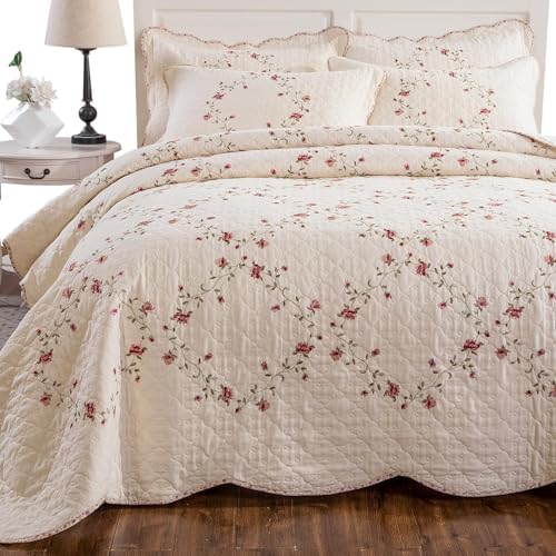 EAVD Floral Embroidered Quilt Set King Size Beige 3 Pieces