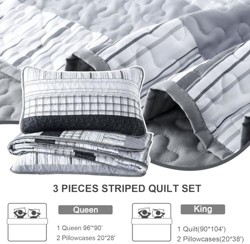 DJY Grey Boho Stripe Quilt Set 3 Piece King Size