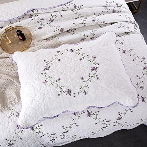 Vctops 3-Piece Floral Embroidered Quilt Set Twin