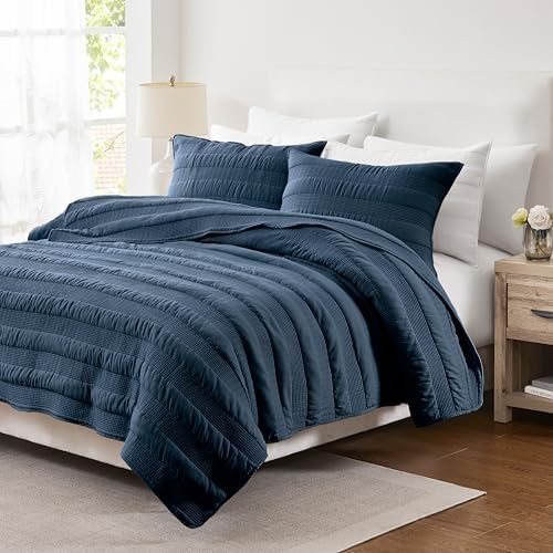 HomeSerene Navy Blue Striped Twin Quilt Set