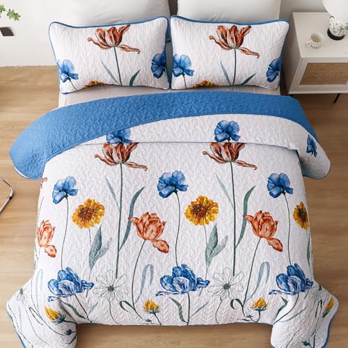 WONGS BEDDING Blue Floral Quilt Set Queen Size