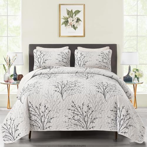 DJY White Botanical Quilt Set Queen Size 3 Piece
