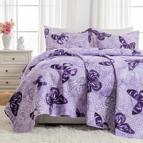 ARTALL Quilt Set 3-Piece Full Queen Size Paisley Butterfly Purple