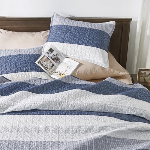 Andency Mineral Blue Striped Quilt Set with Pillowcases