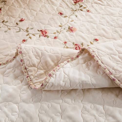 EAVD Floral Embroidered Quilt Set King Size Beige 3 Pieces