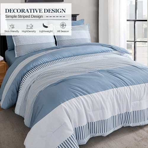 Blue Comforter Set Queen Size Boho Striped Kids Bedding