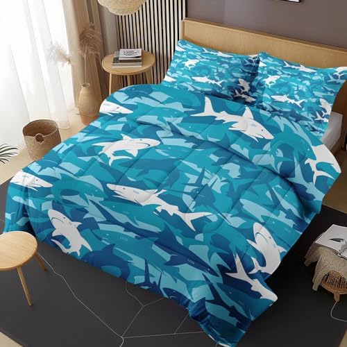 Blue Shark Fish Comforter Set 3 Piece