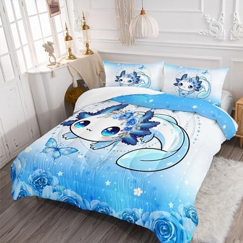 AILONEN Axolotl Comforter Set Queen Size Kawaii Blue Print Bedding
