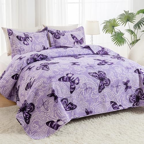 ARTALL Quilt Set 3-Piece Full Queen Size Paisley Butterfly Purple
