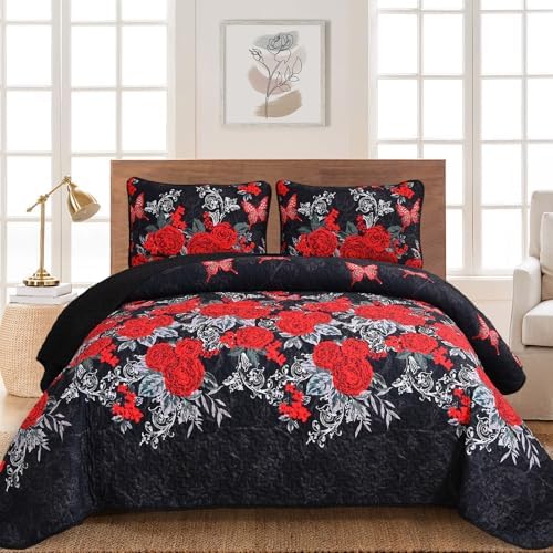 Yiran Black Floral Quilt Set King Size 3 Piece