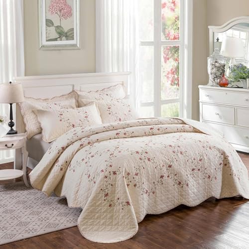 EAVD Floral Embroidered Quilt Set King Size Beige 3 Pieces