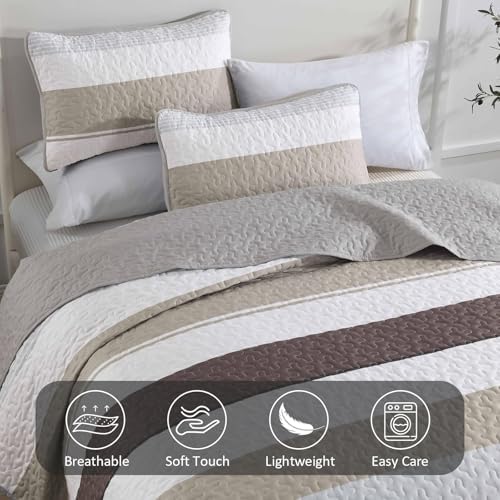 Dinjoy Grey Boho Quilt Set Queen Size Striped Patchwork 1