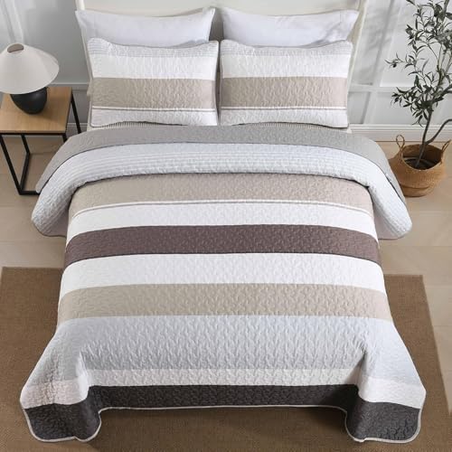 Dinjoy Grey Boho Quilt Set Queen Size Striped Patchwork 1