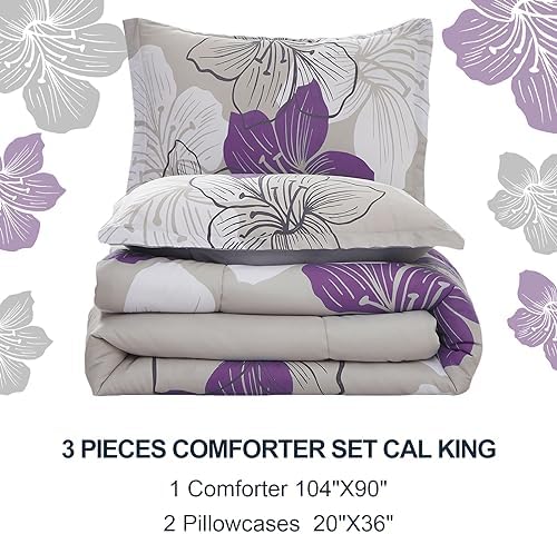 Menghomeus Purple Floral Comforter Set for California King