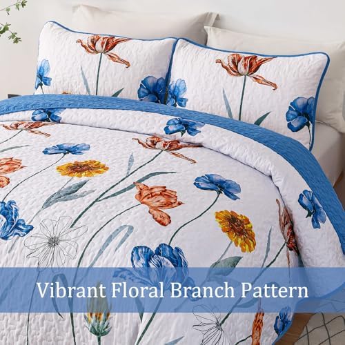 WONGS BEDDING Blue Floral Quilt Set Queen Size