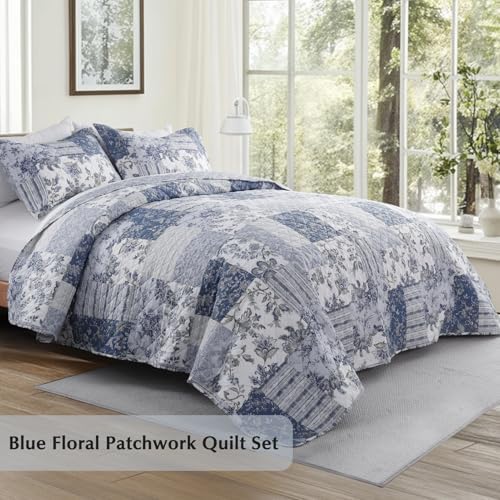GOONE Blue Floral Quilt Set King Size Reversible Fade Resistant