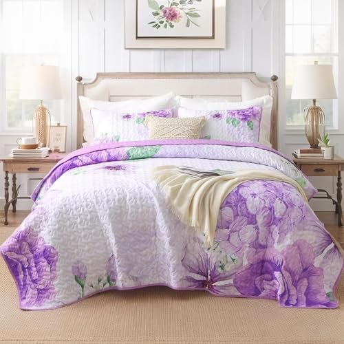 Heymybed Purple Floral Quilt Set King Size 3 Pieces