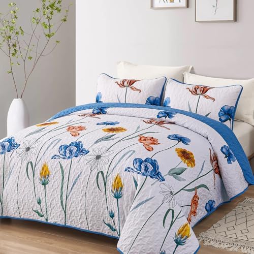 WONGS BEDDING Blue Floral Quilt Set Queen Size