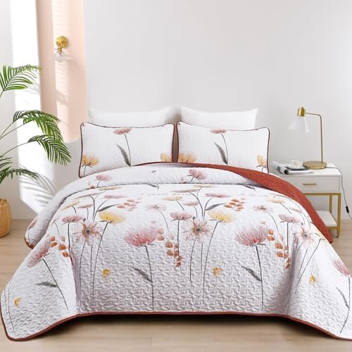 Dinjoy Floral King Quilt Set 3 Pieces Burnt Orange Yellow