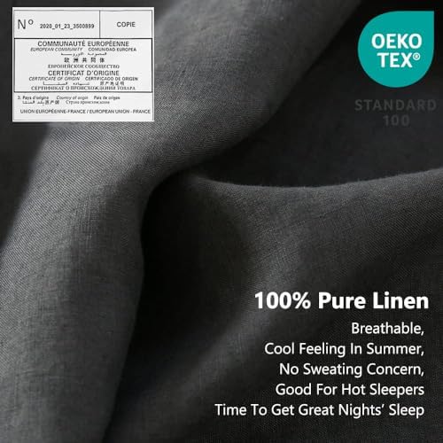 SimpleOpulence Queen Linen Sheet Set with Embroidery 4 pcs - Dark Grey