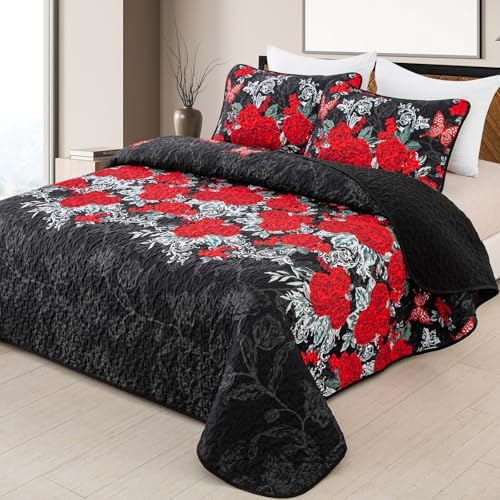 Yiran Black Floral Quilt Set King Size 3 Piece