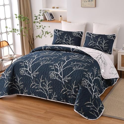 DJY 3 Piece Navy Floral Reversible Quilt Set