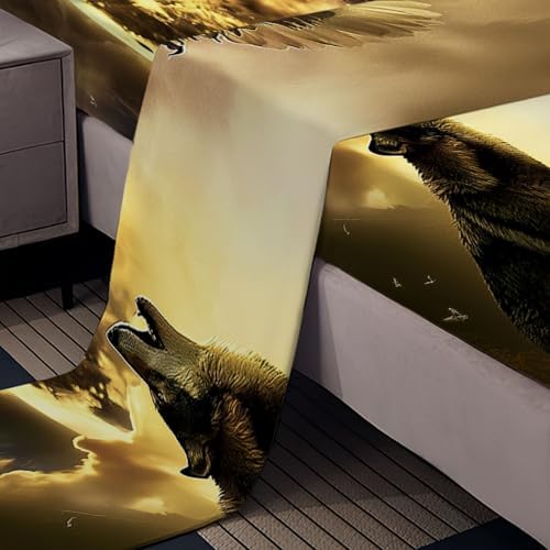 Moonlight Landscape Fitted Sheet Set with Wolf Eagle Design
