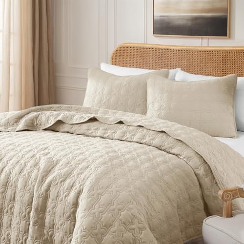ROARINGWILD Beige King Quilt Bedding Set with Pillow Shams