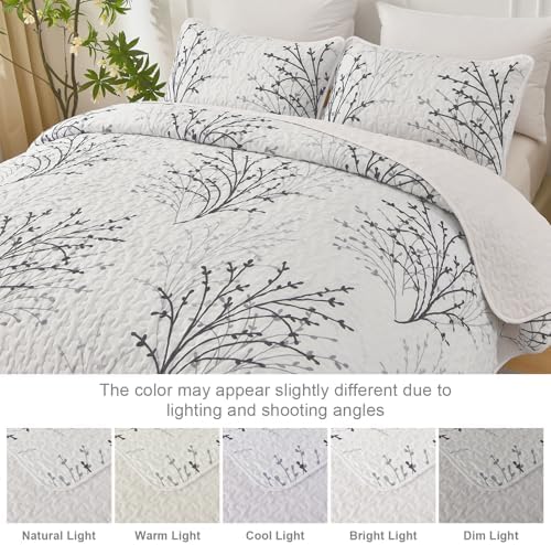 DJY White Botanical Quilt Set Queen Size 3 Piece