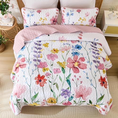 Anibedding Queen Quilt Set with Reversible Pink Floral Design