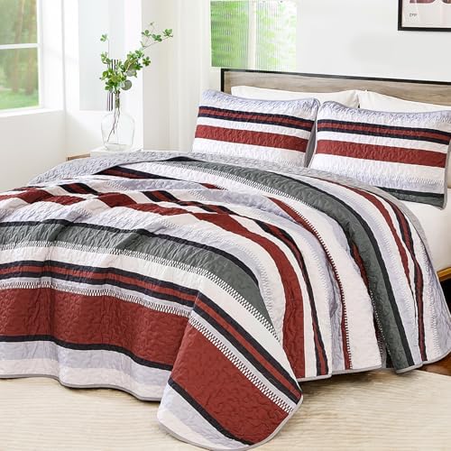 WONGS BEDDING Queen Size Red Striped Quilt Set