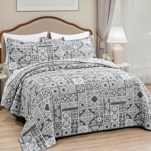 Asuexpect 3 Piece Grey Patchwork Bedspread Set King Size 1