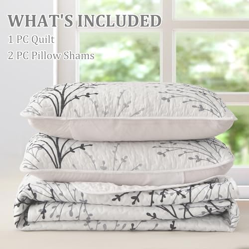 DJY White Botanical Quilt Set Queen Size 3 Piece