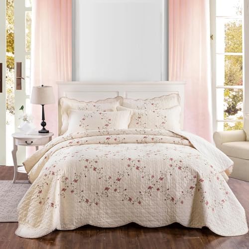 EAVD Floral Embroidered Quilt Set King Size Beige 3 Pieces