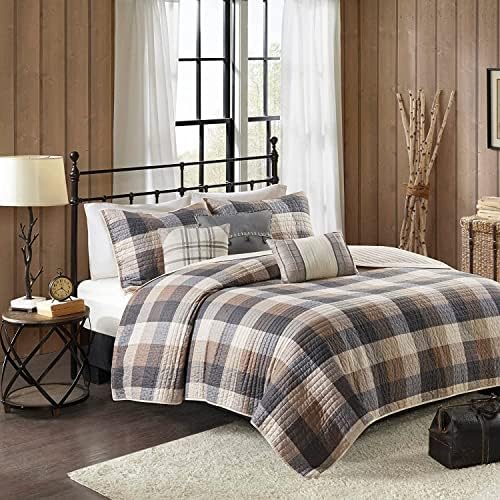 Madison Park Reversible Quilt Set - 6 Piece Neutral Plaid Cabin Style