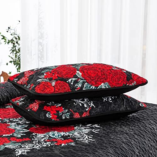 Yiran Black Floral Quilt Set King Size 3 Piece
