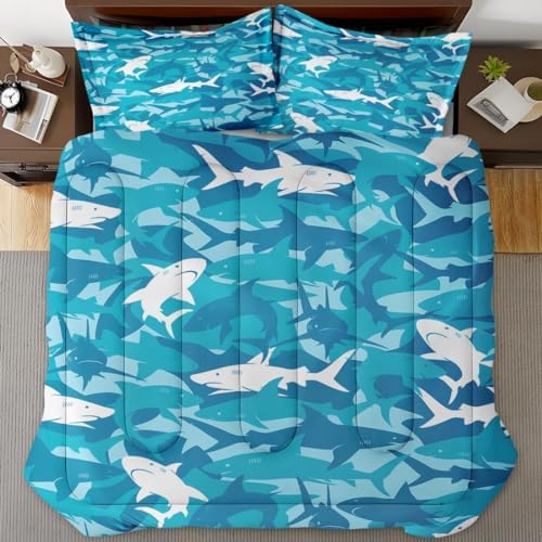 Blue Shark Fish Comforter Set 3 Piece