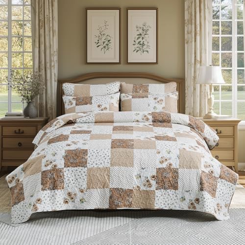 VIVILINEN Reversible Brown Floral Plaid Quilt Set