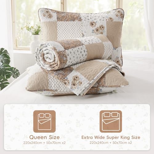 VIVILINEN Reversible Brown Floral Plaid Quilt Set