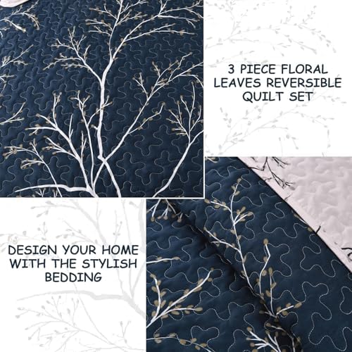 DJY 3 Piece Navy Floral Reversible Quilt Set