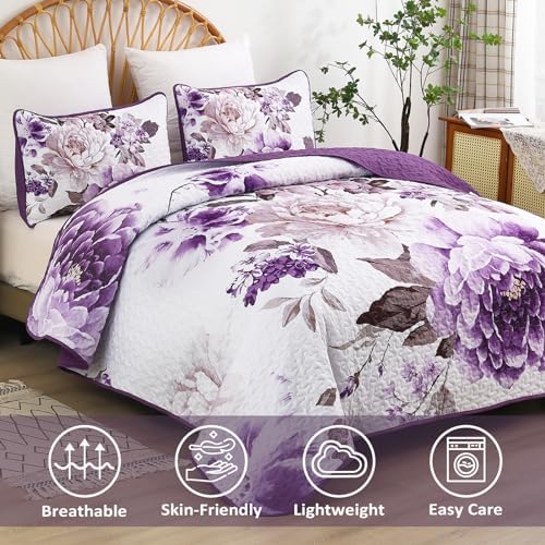 WONGS BEDDING Purple Floral Quilt Set 3 Piece Reversible
