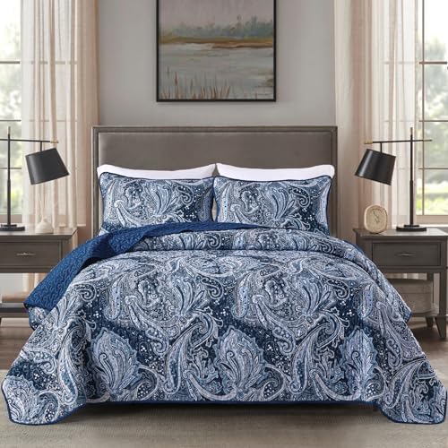 DJY Navy Paisley Queen Quilt Set 3 pcs