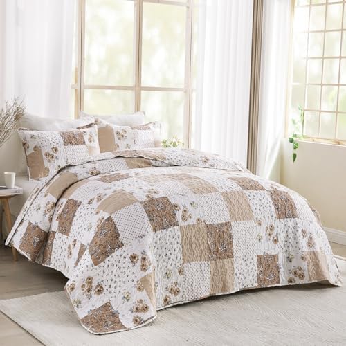 VIVILINEN Reversible Brown Floral Plaid Quilt Set