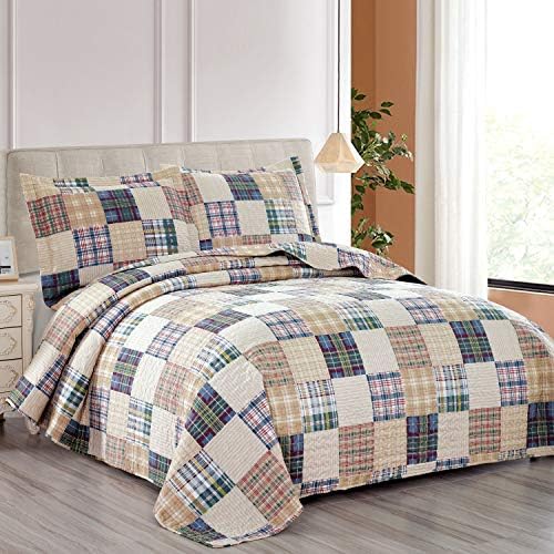 Hailea Beige Plaid Quilt Set King Size 1