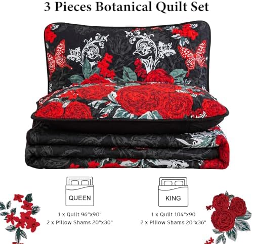 Yiran Black Floral Quilt Set King Size 3 Piece